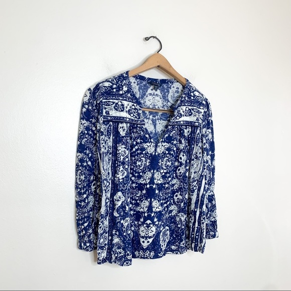 Lucky Brand Blue White Boho Print Tunic‎ Blouse XS - Picture 3 of 7
